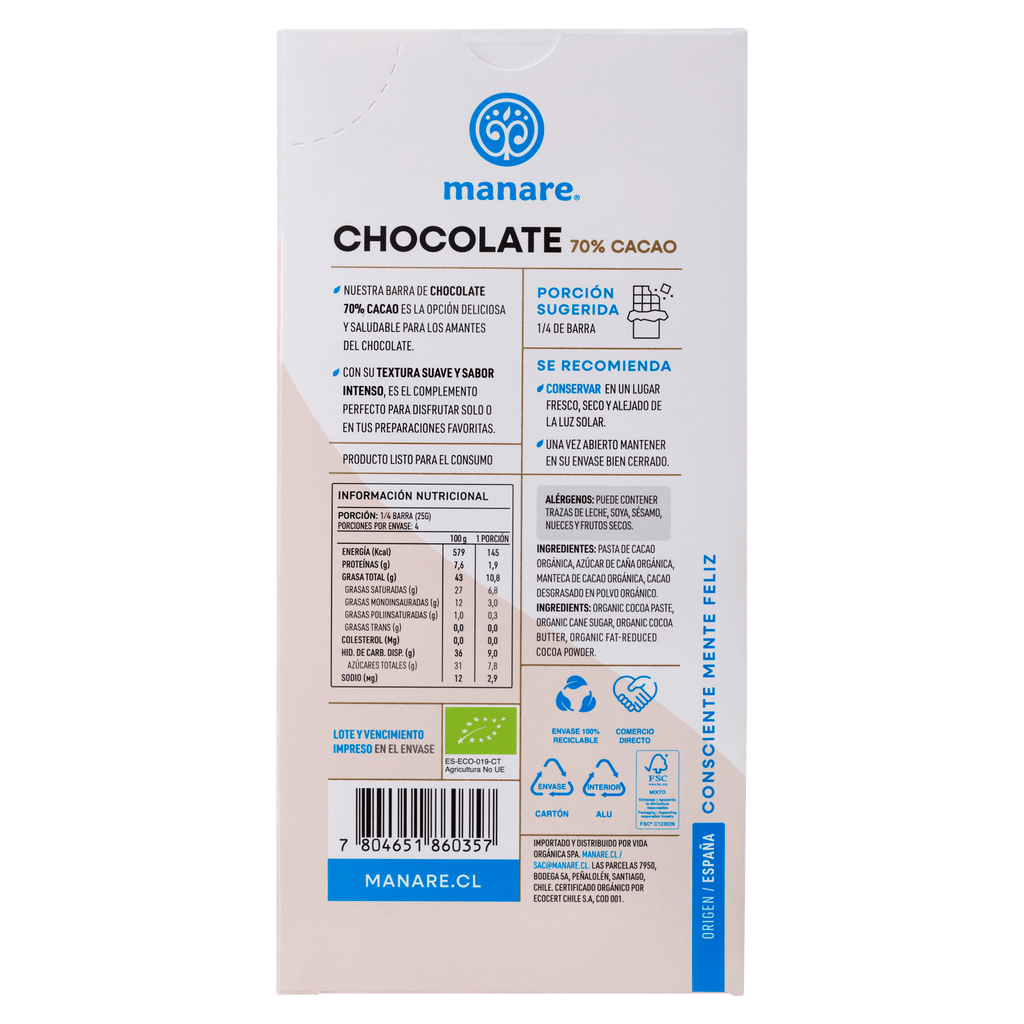 Chocolate 70% Cacao Orgánico 100g Manare